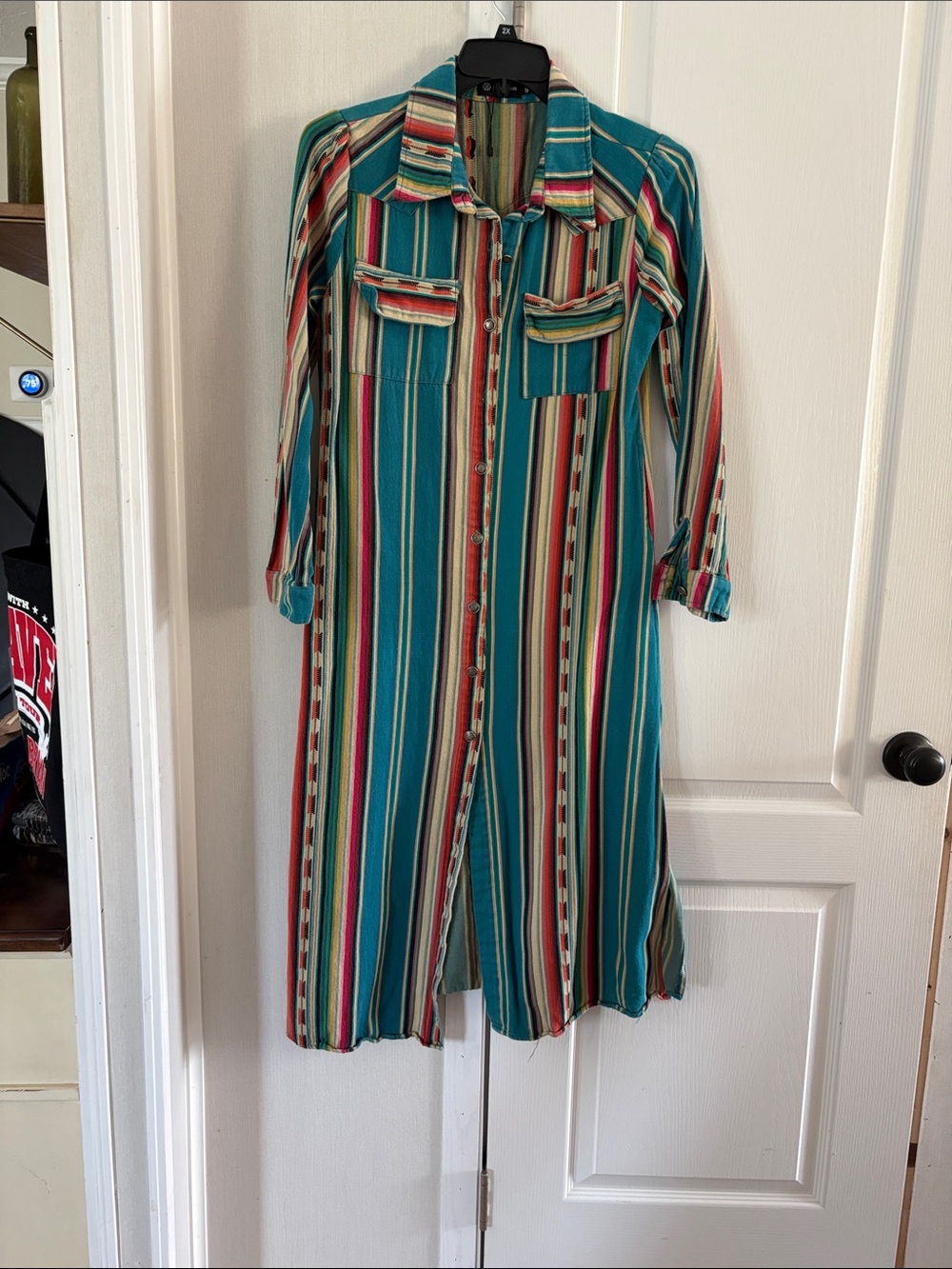 Striped Teal Button-Front Midi Dress with Pocket Detail